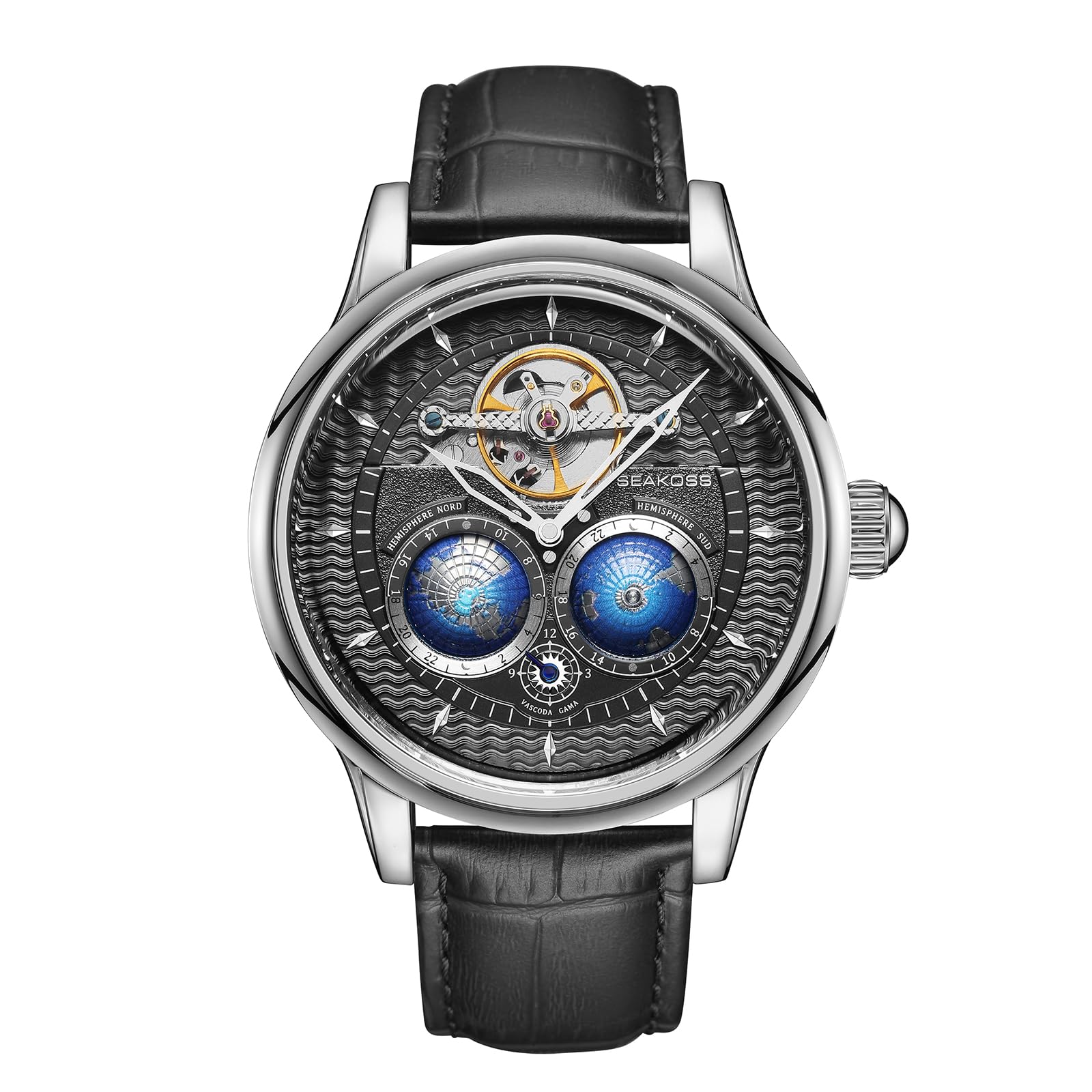 SEAKOSS Automatic Mechanical Wrist Watch for Men, 3D Earth Dial, Open Heart Movement, Stainless Steel & Leather Strap