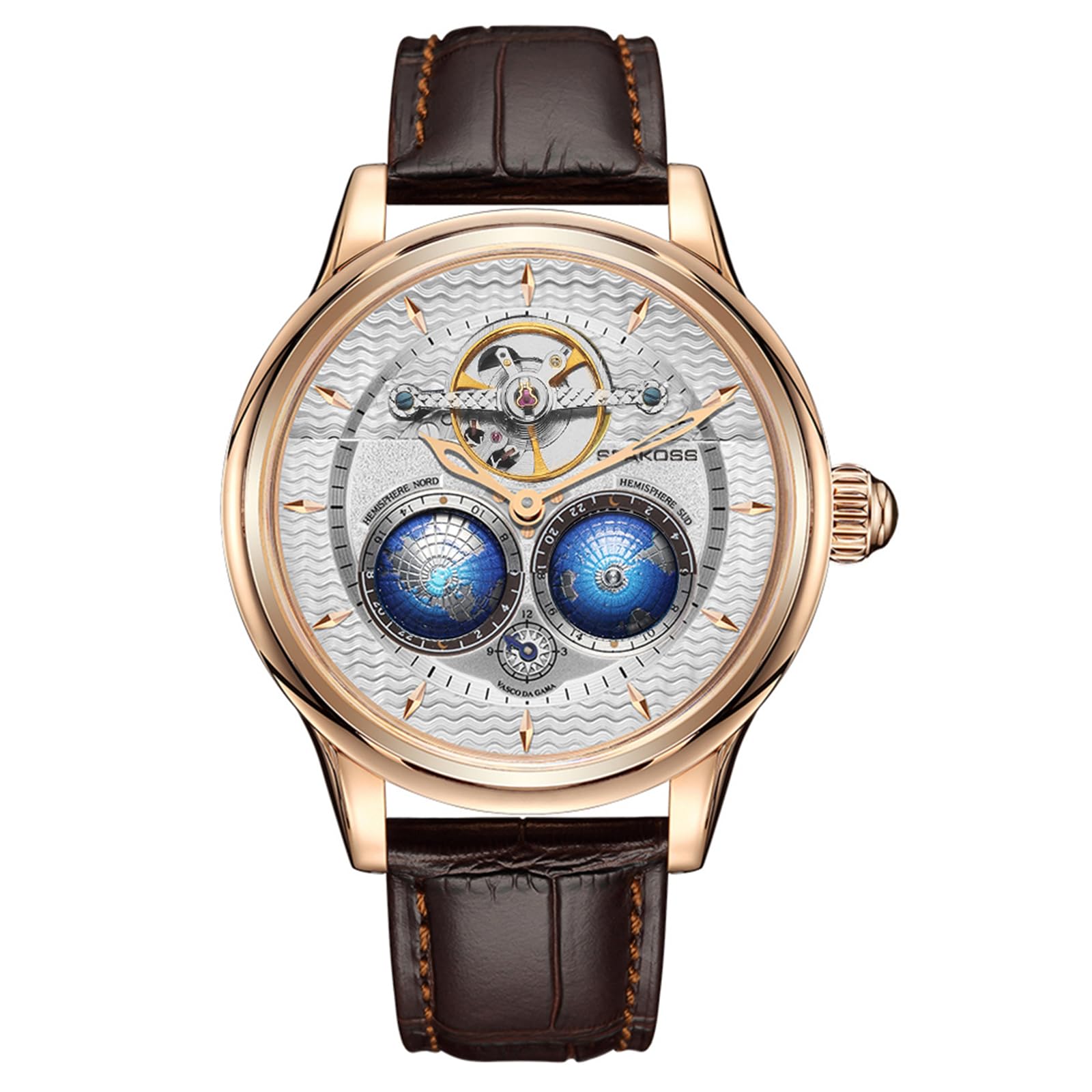 SEAKOSS Automatic Mechanical Wrist Watch for Men, 3D Earth Dial, Open Heart Movement, Stainless Steel & Leather Strap