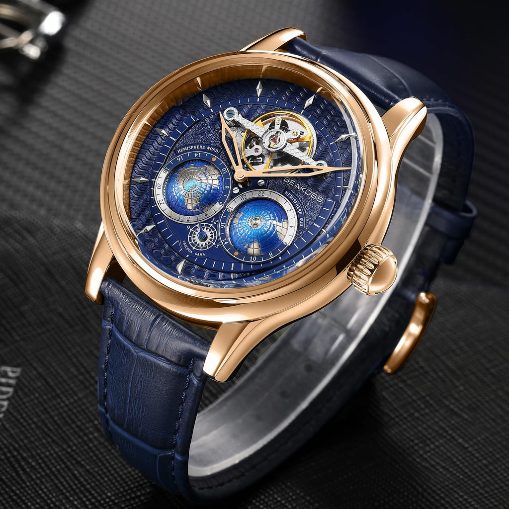 SEAKOSS Automatic Mechanical Wrist Watch for Men, 3D Earth Dial, Open Heart Movement, Stainless Steel & Leather Strap