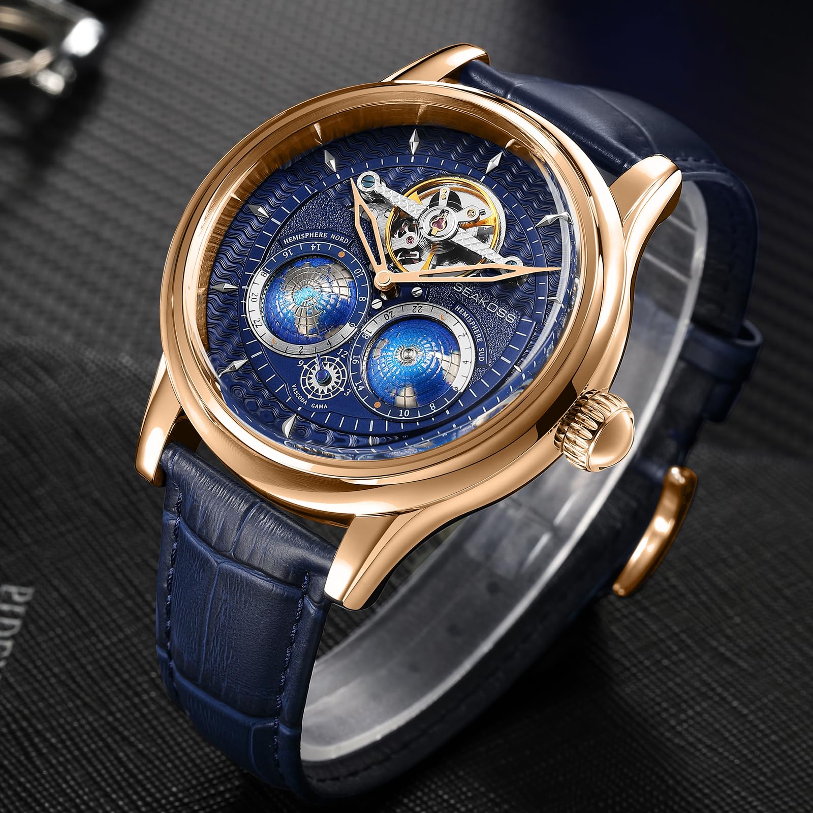 SEAKOSS Automatic Mechanical Wrist Watch for Men, 3D Earth Dial, Open Heart Movement, Stainless Steel & Leather Strap