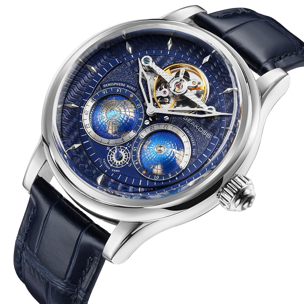 SEAKOSS Automatic Mechanical Wrist Watch for Men, 3D Earth Dial, Open Heart Movement, Stainless Steel & Leather Strap