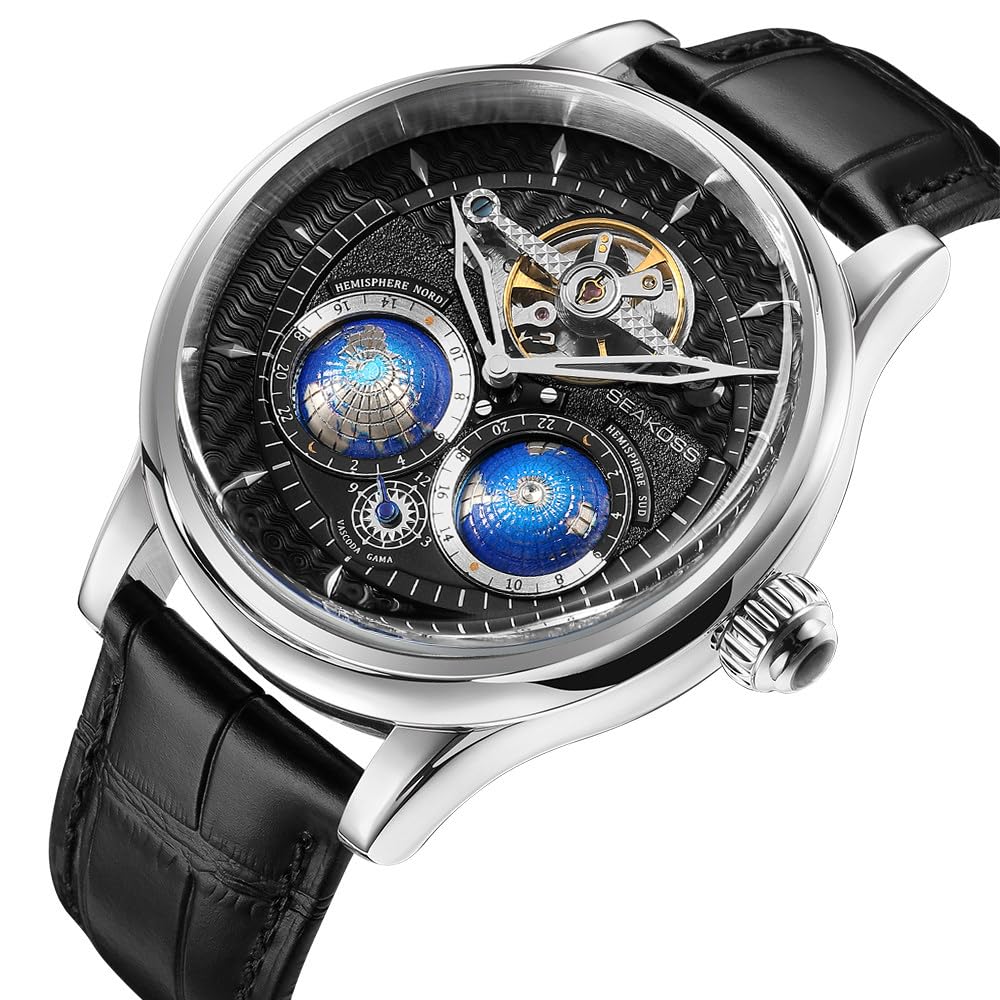 SEAKOSS Automatic Mechanical Wrist Watch for Men, 3D Earth Dial, Open Heart Movement, Stainless Steel & Leather Strap