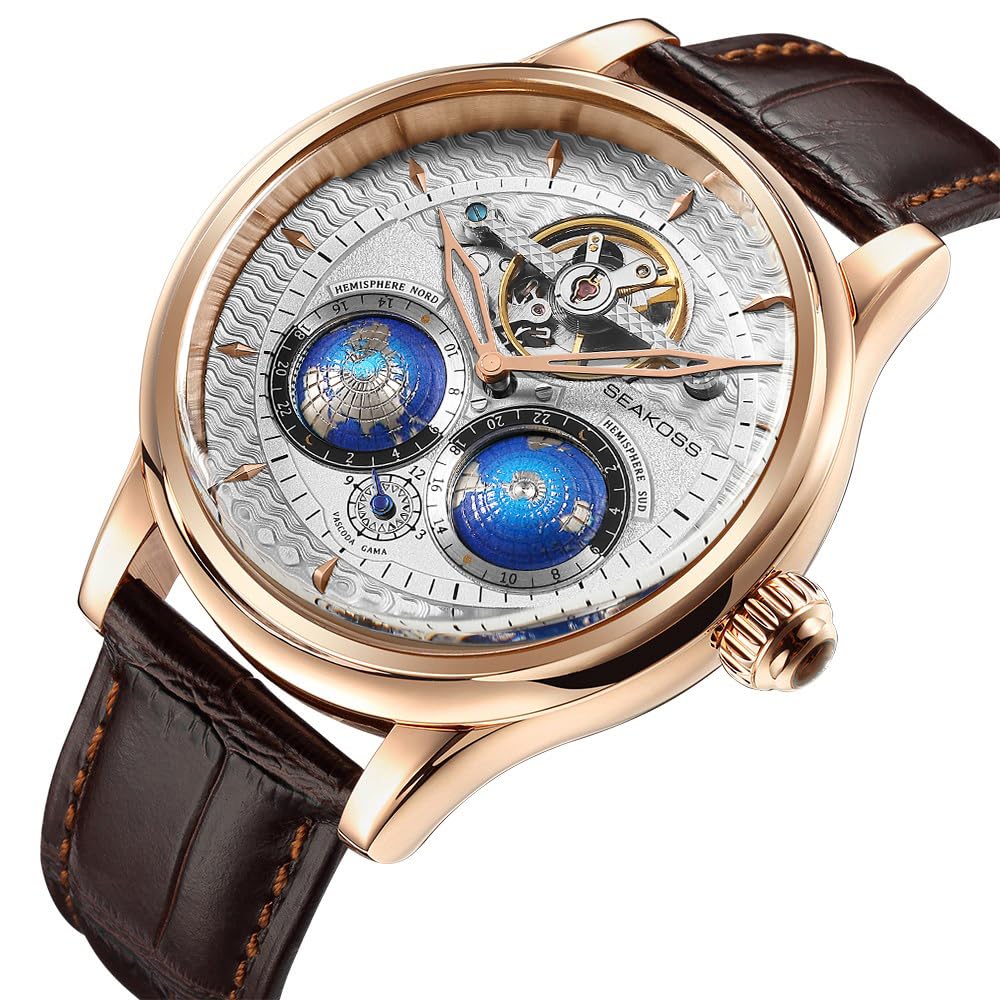 SEAKOSS Automatic Mechanical Wrist Watch for Men, 3D Earth Dial, Open Heart Movement, Stainless Steel & Leather Strap