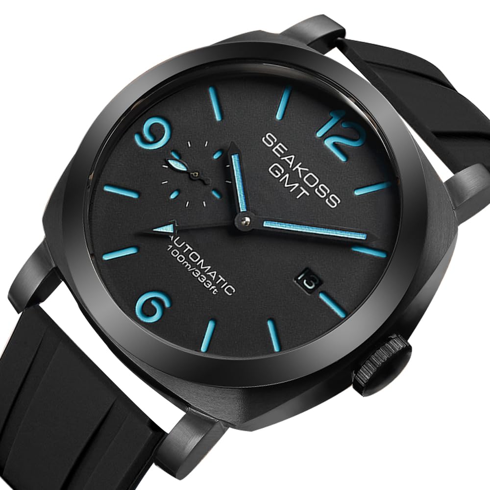 SEAKOSS GMT Automatic Watch for Men 45mm, Self Winding Mechanical Wrist Watch with Seagull ST2557 Movement, Sapphire Crystal, 10ATM Waterproof, Luminous Hands, Stainless Steel Date Watch