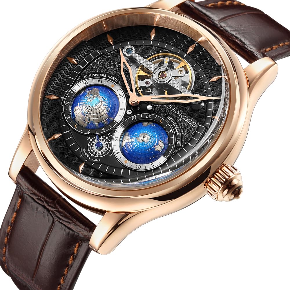 SEAKOSS Automatic Mechanical Watch for Men with 3D Double Globe Dial, Open Heart Movement, Stainless Steel Case & Leather Strap