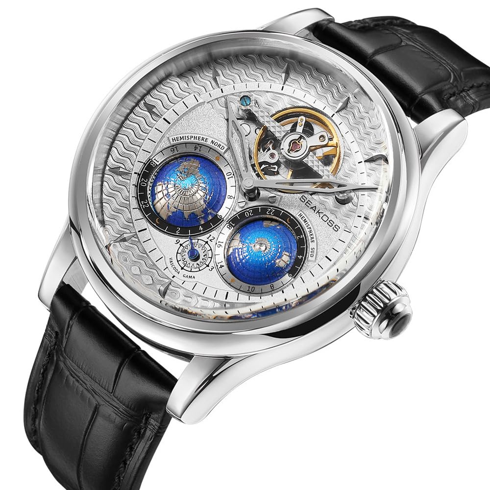 SEAKOSS Double Globe Automatic Watch for Men – Luxury Mechanical Wrist Watch with Open Heart & Leather Strap