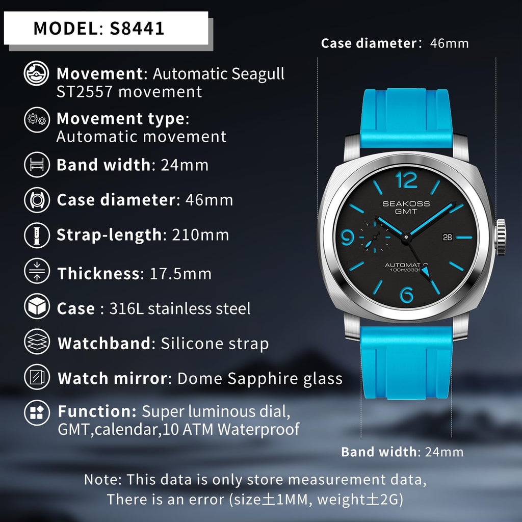 SEAKOSS GMT Watches for Men Automatic 45MM Date 10ATM Waterproof Seagull ST2557 Movement LuminousStainless Steel Sapphire Glass Mechanical Wristwatches