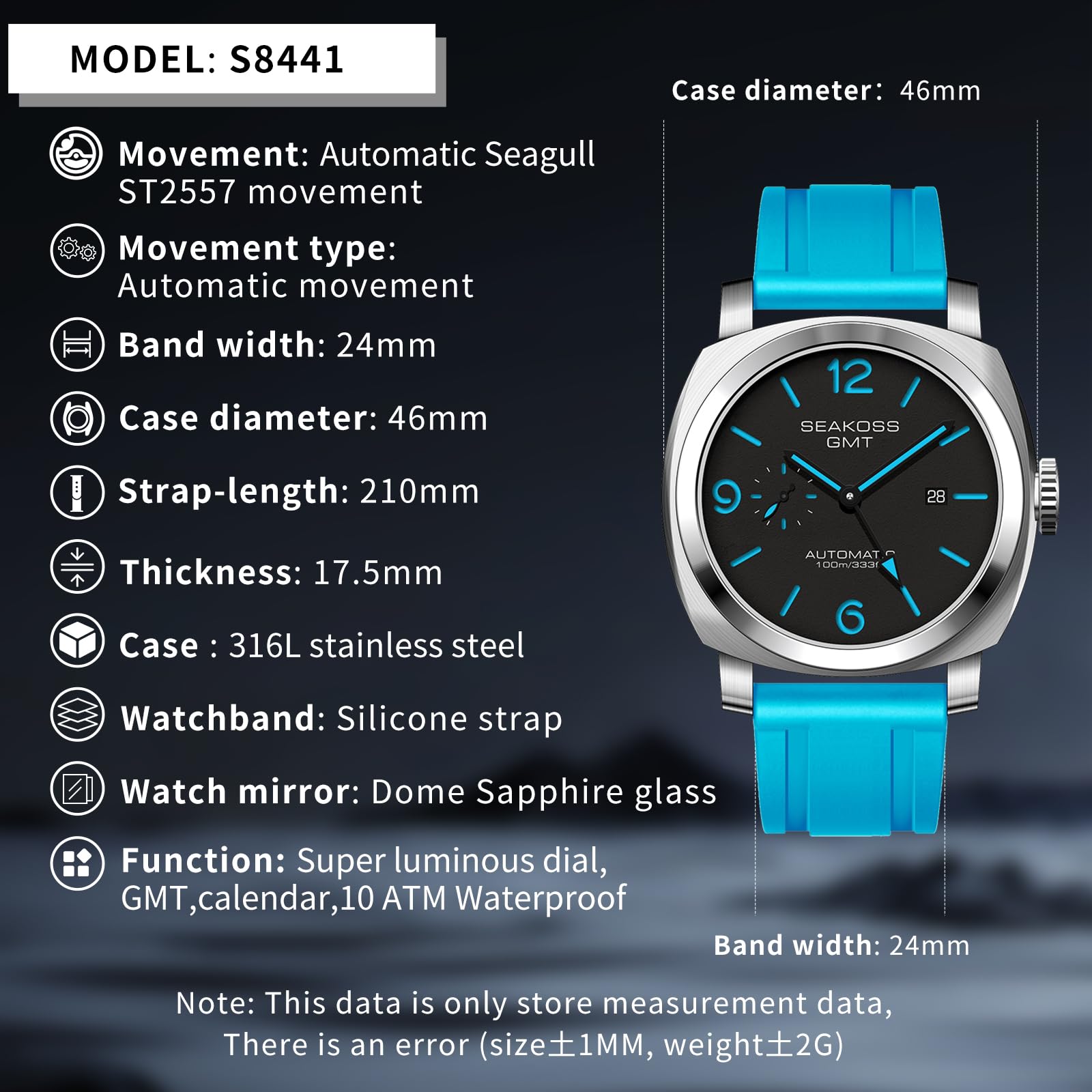 SEAKOSS GMT Watches for Men Automatic 45MM Date 10ATM Waterproof Seagull ST2557 Movement LuminousStainless Steel Sapphire Glass Mechanical Wristwatches