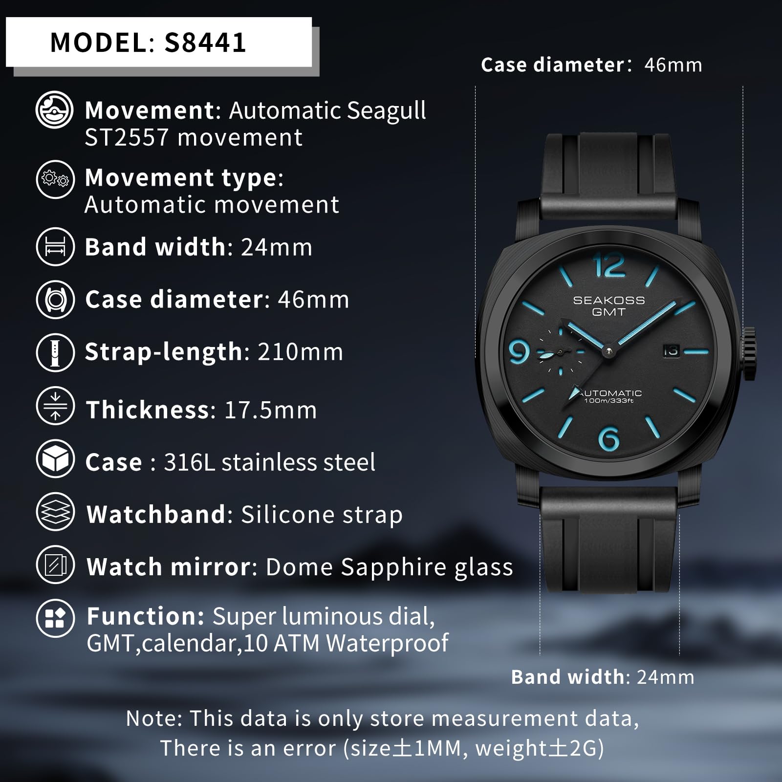 SEAKOSS GMT Automatic Watch for Men 45mm, Self Winding Mechanical Wrist Watch with Seagull ST2557 Movement, Sapphire Crystal, 10ATM Waterproof, Luminous Hands, Stainless Steel Date Watch