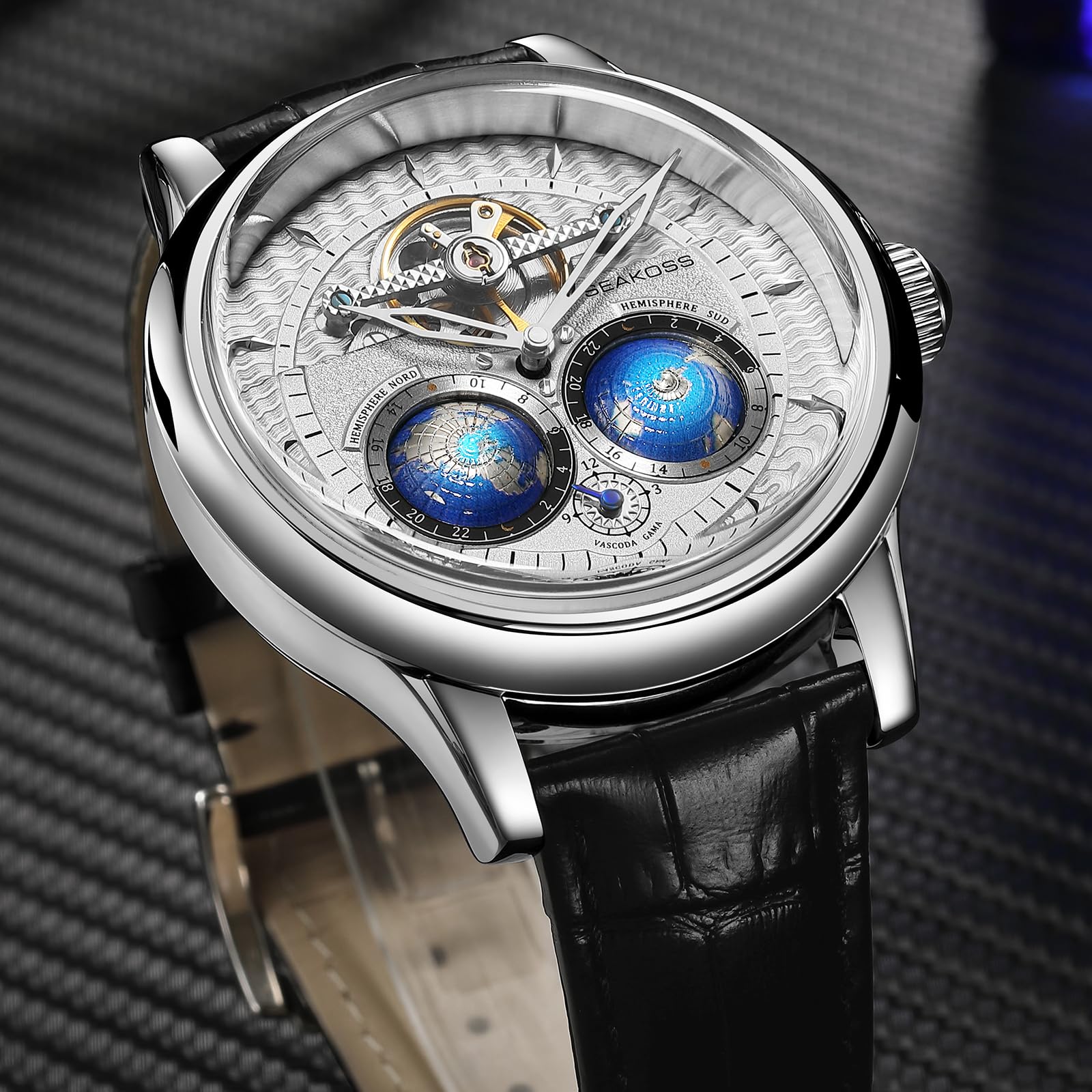 SEAKOSS Double Globe Automatic Watch for Men – Luxury Mechanical Wrist Watch with Open Heart & Leather Strap