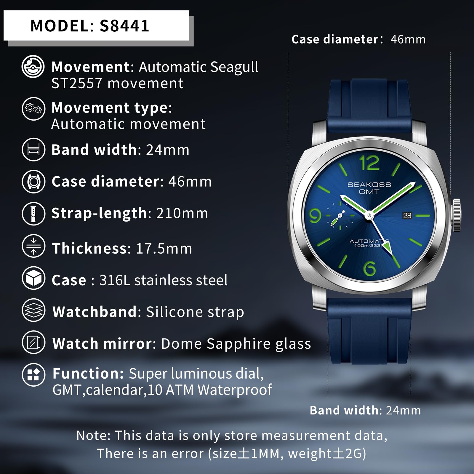 SEAKOSS GMT Automatic Watch for Men 45mm, Self Winding Mechanical Wrist Watch with Seagull ST2557 Movement, Sapphire Crystal, 10ATM Waterproof, Luminous Hands, Stainless Steel Date Watch（副本）