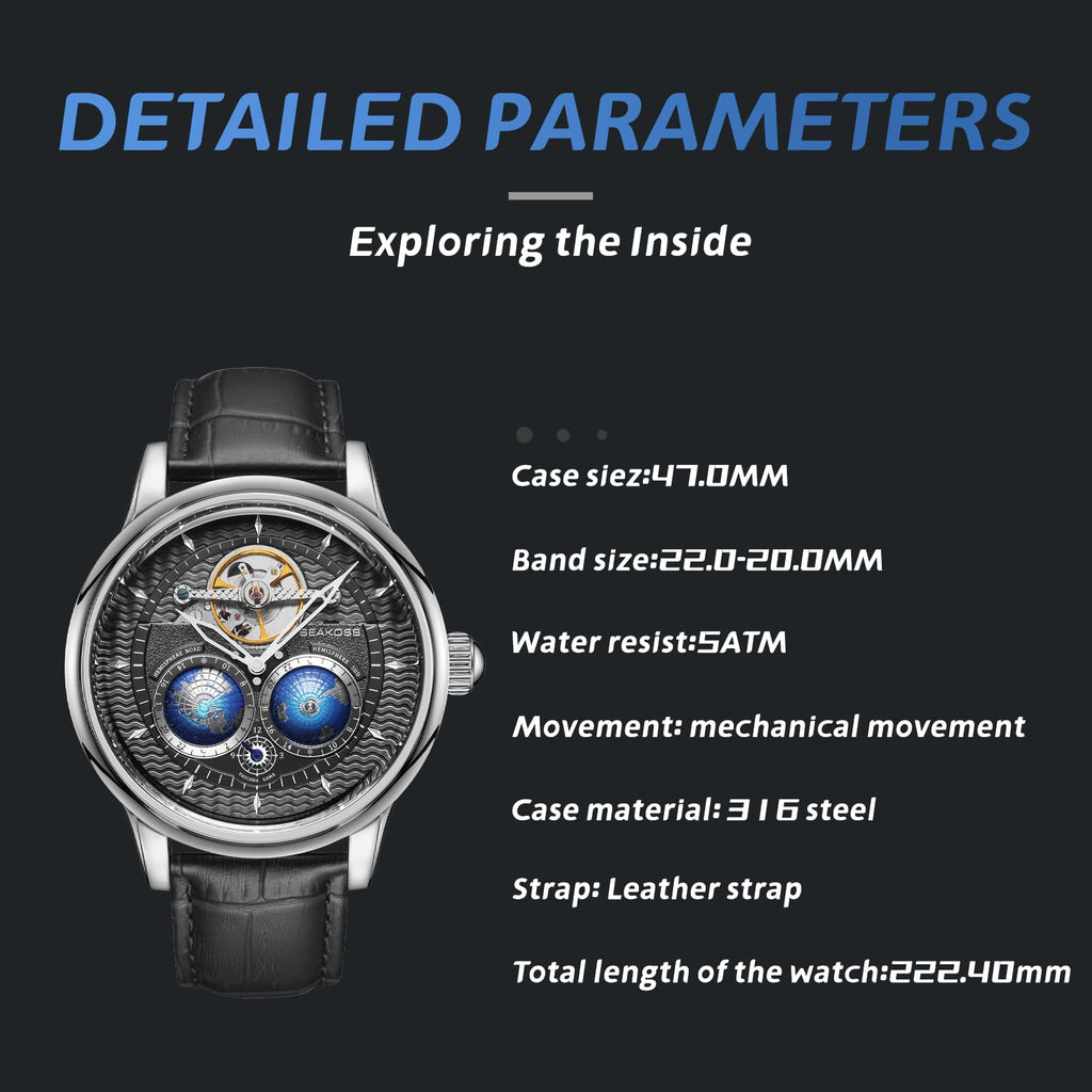 SEAKOSS Automatic Mechanical Wrist Watch for Men, 3D Earth Dial, Open Heart Movement, Stainless Steel & Leather Strap