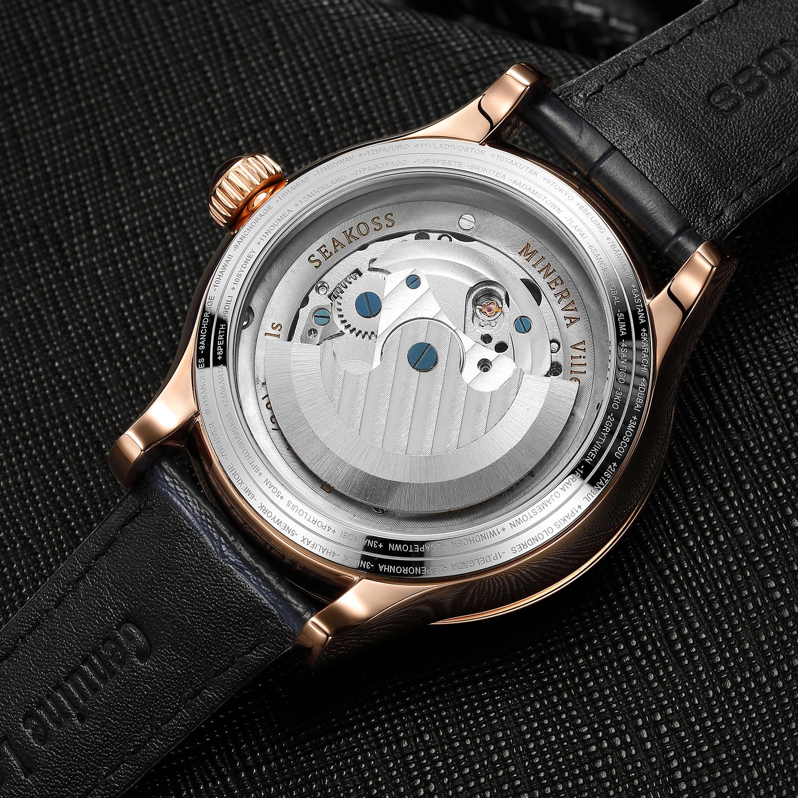SEAKOSS Automatic Mechanical Wrist Watch for Men, 3D Earth Dial, Open Heart Movement, Stainless Steel & Leather Strap