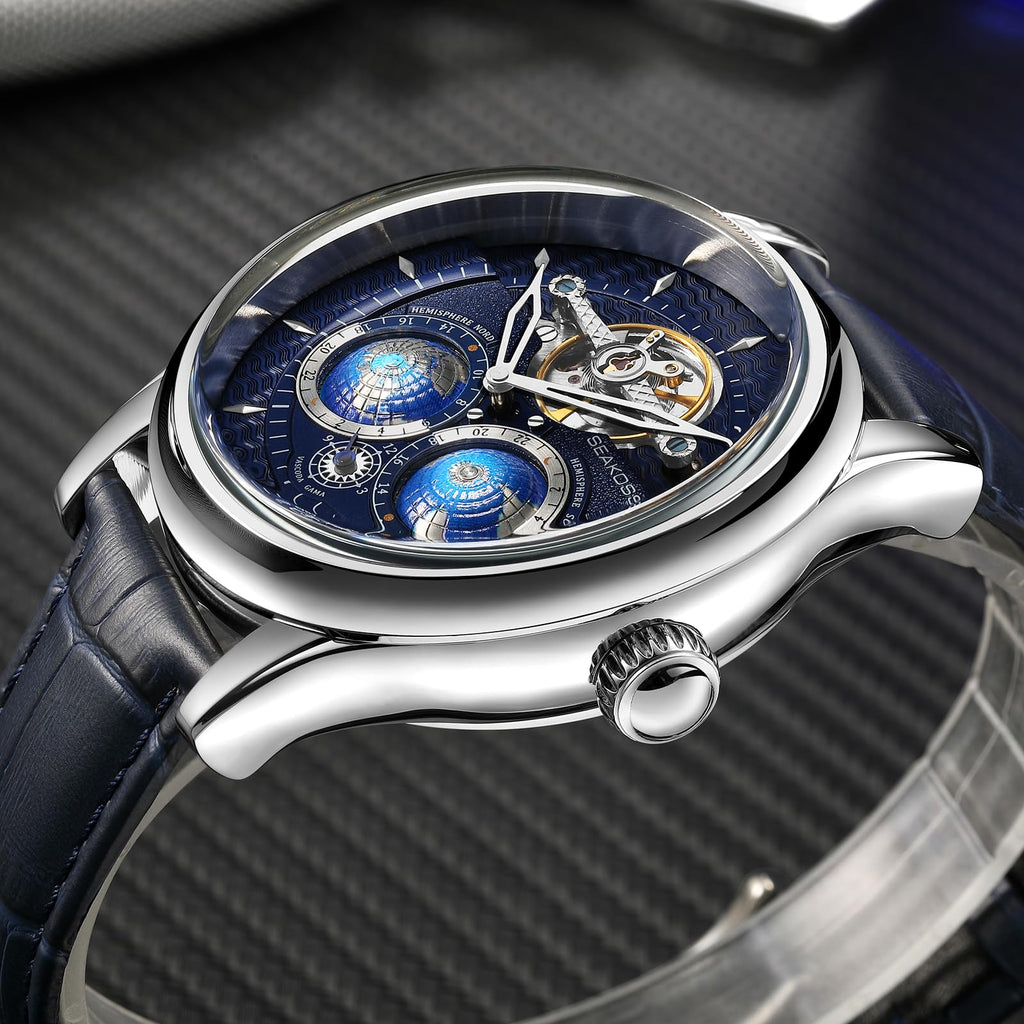 SEAKOSS Automatic Mechanical Wrist Watch for Men, 3D Earth Dial, Open Heart Movement, Stainless Steel & Leather Strap