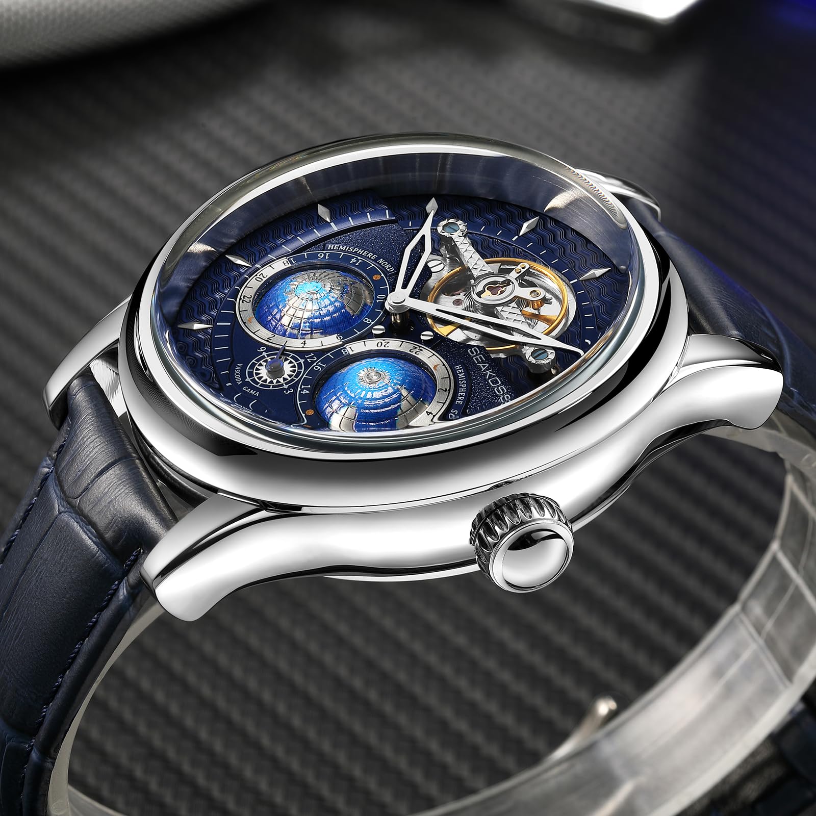 SEAKOSS Automatic Mechanical Wrist Watch for Men, 3D Earth Dial, Open Heart Movement, Stainless Steel & Leather Strap