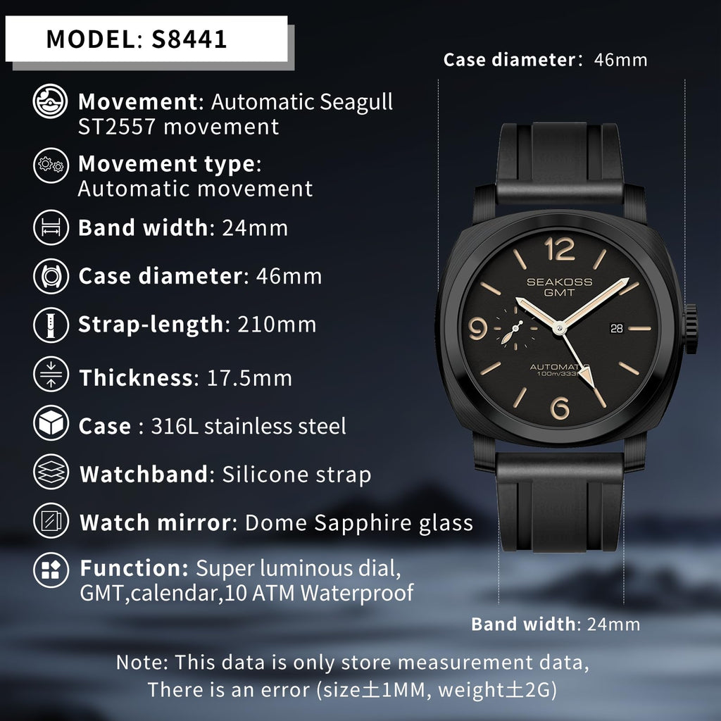 SEAKOSS GMT Watches for Men Automatic 45MM Date 10ATM Waterproof Seagull ST2557 Movement LuminousStainless Steel Sapphire Glass Mechanical Wristwatches\