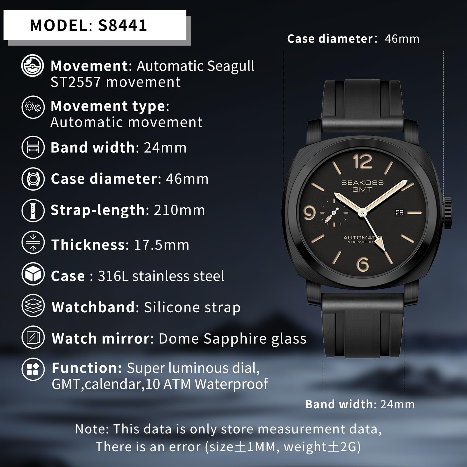 SEAKOSS GMT Watches for Men Automatic 45MM Date 10ATM Waterproof Seagull ST2557 Movement LuminousStainless Steel Sapphire Glass Mechanical Wristwatches\