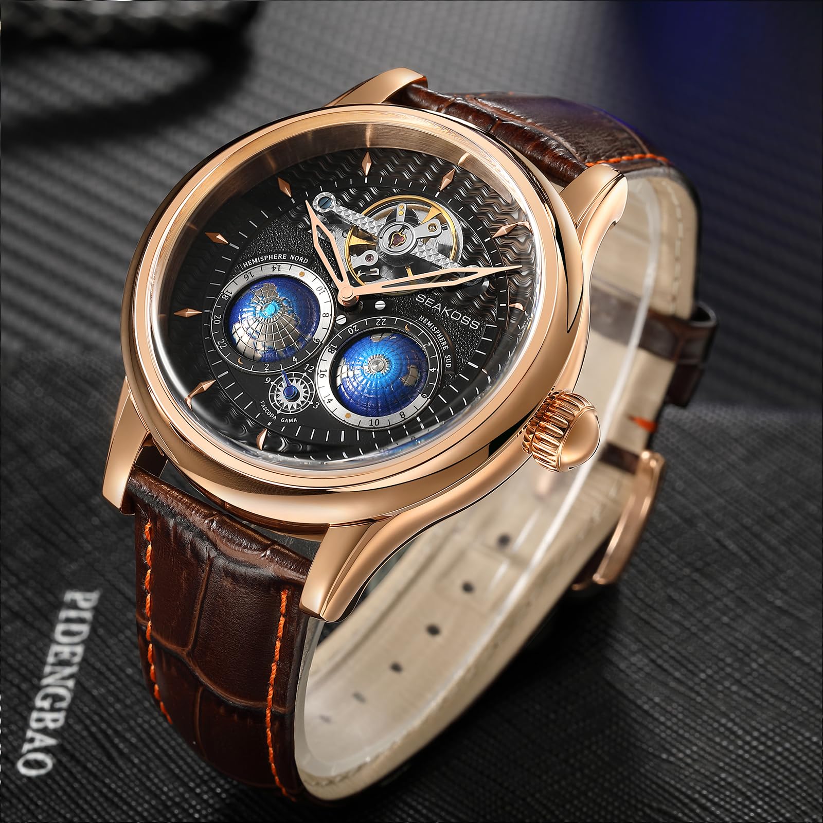 SEAKOSS Automatic Mechanical Watch for Men with 3D Double Globe Dial, Open Heart Movement, Stainless Steel Case & Leather Strap