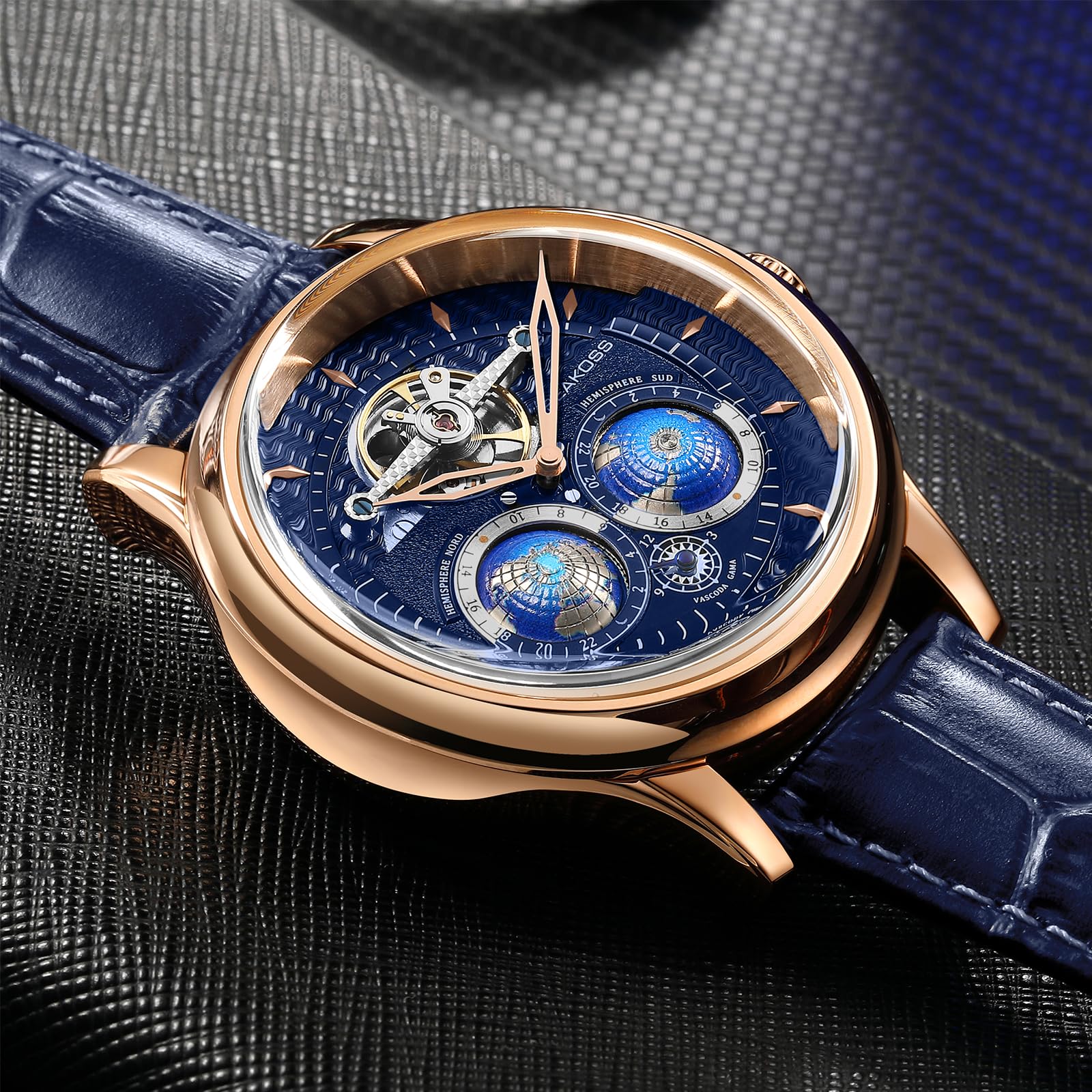 SEAKOSS Automatic Mechanical Wrist Watch for Men, 3D Earth Dial, Open Heart Movement, Stainless Steel & Leather Strap
