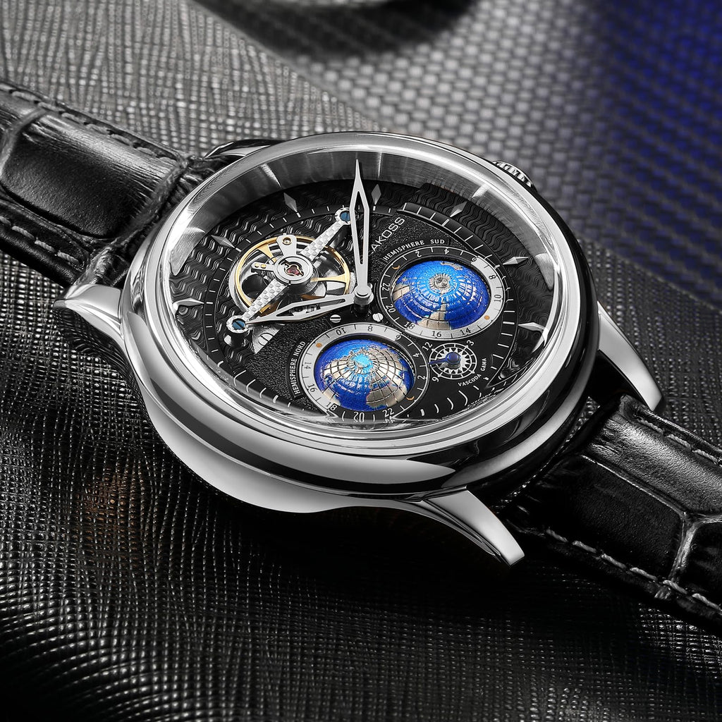 SEAKOSS Automatic Mechanical Wrist Watch for Men, 3D Earth Dial, Open Heart Movement, Stainless Steel & Leather Strap