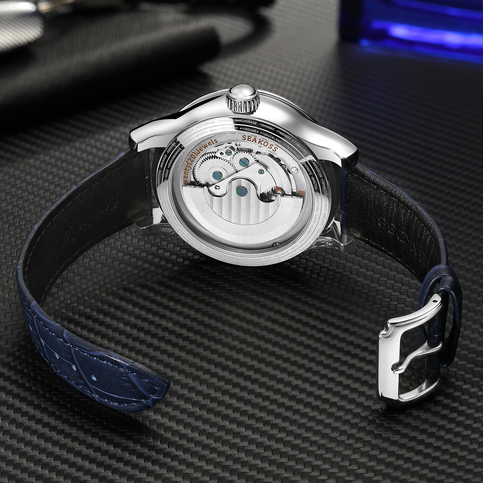 SEAKOSS Automatic Mechanical Wrist Watch for Men, 3D Earth Dial, Open Heart Movement, Stainless Steel & Leather Strap