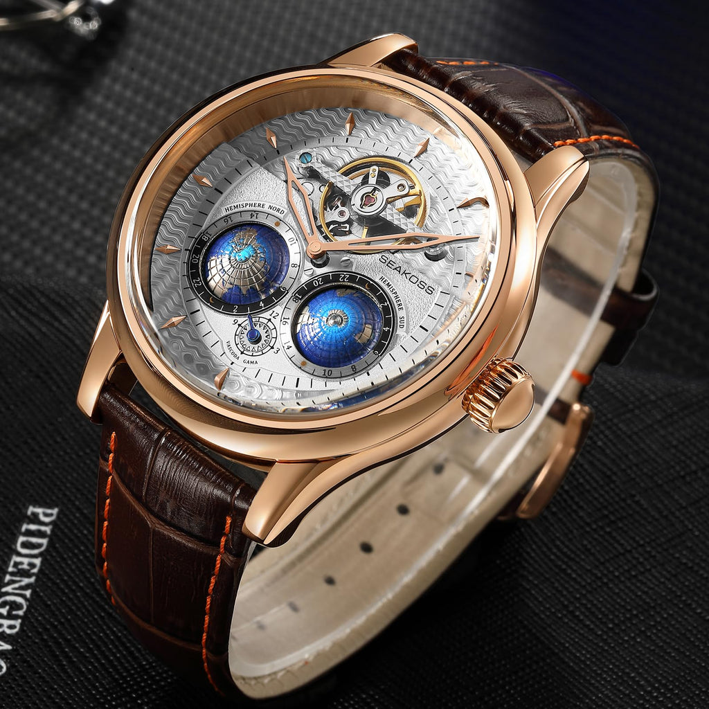 SEAKOSS Automatic Mechanical Wrist Watch for Men, 3D Earth Dial, Open Heart Movement, Stainless Steel & Leather Strap