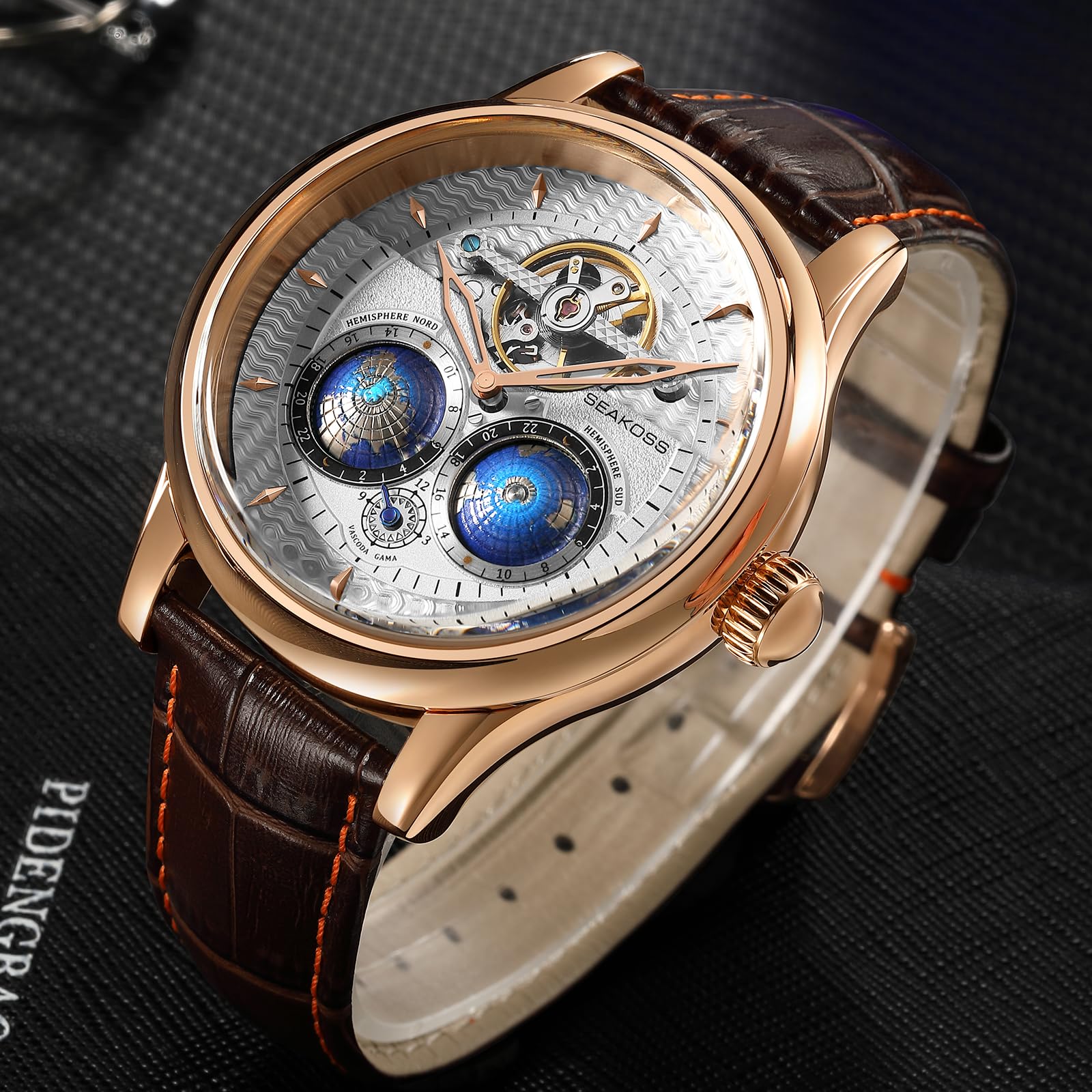 SEAKOSS Automatic Mechanical Wrist Watch for Men, 3D Earth Dial, Open Heart Movement, Stainless Steel & Leather Strap