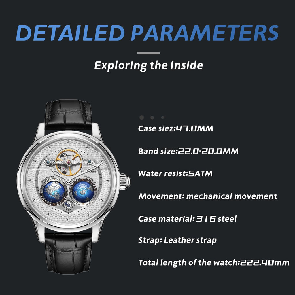 SEAKOSS Double Globe Automatic Watch for Men – Luxury Mechanical Wrist Watch with Open Heart & Leather Strap