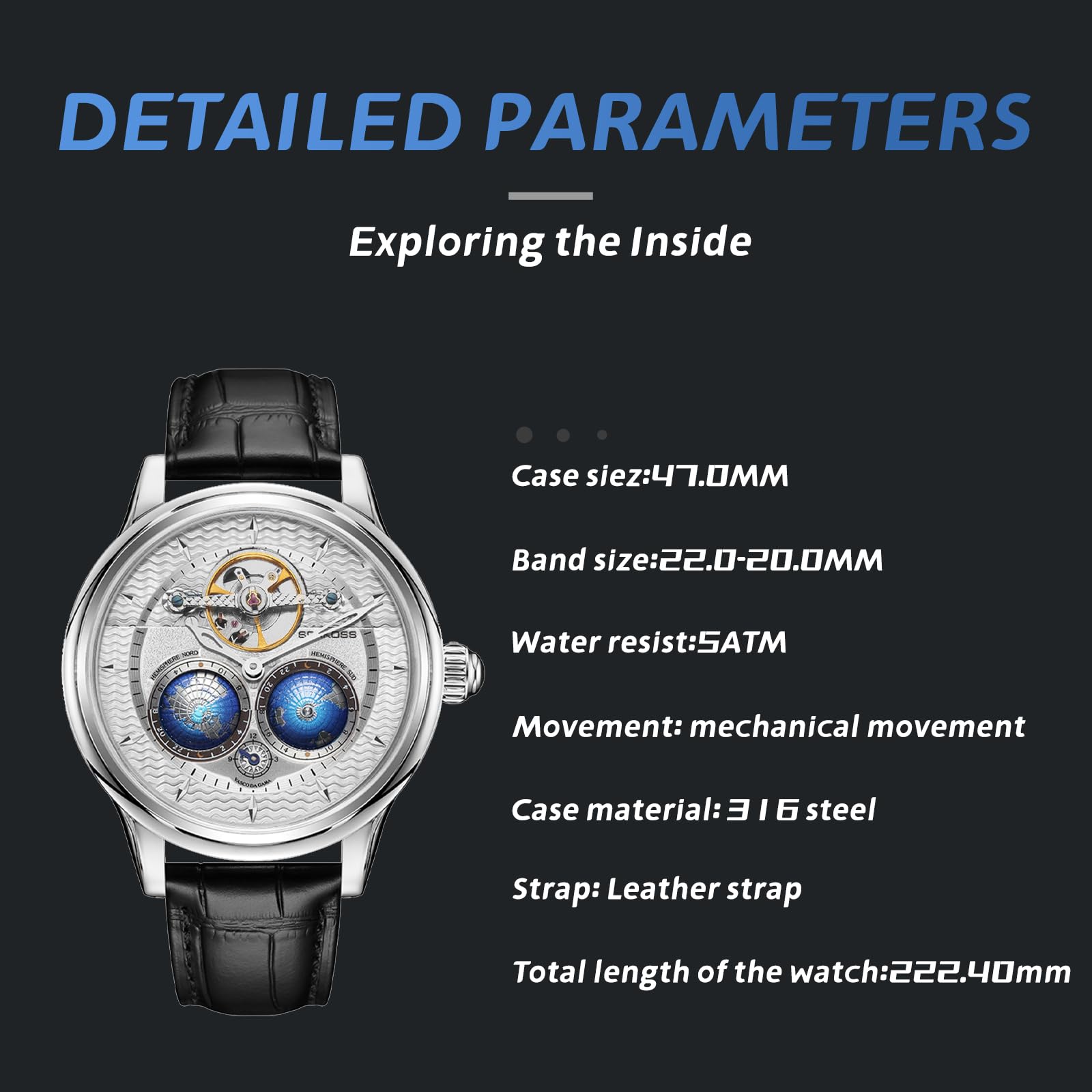 SEAKOSS Double Globe Automatic Watch for Men – Luxury Mechanical Wrist Watch with Open Heart & Leather Strap