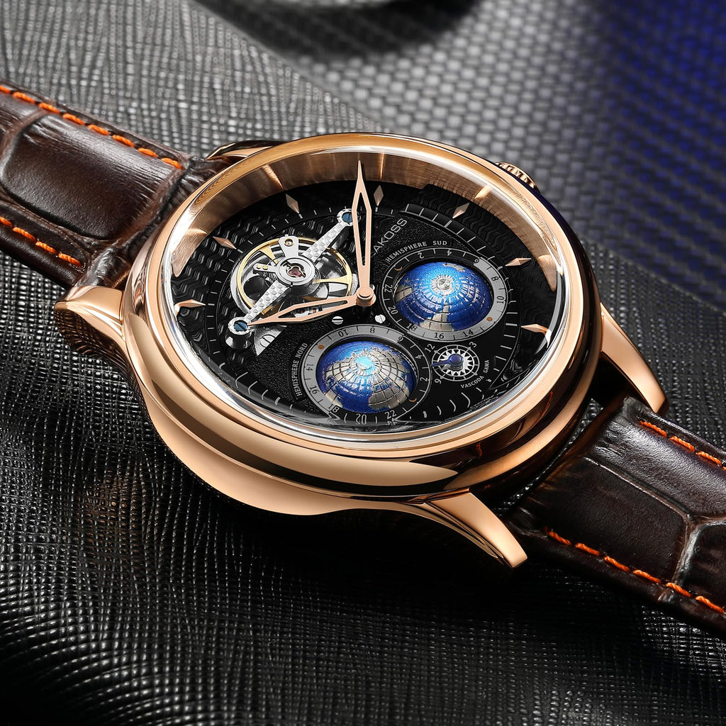 SEAKOSS Automatic Mechanical Watch for Men with 3D Double Globe Dial, Open Heart Movement, Stainless Steel Case & Leather Strap