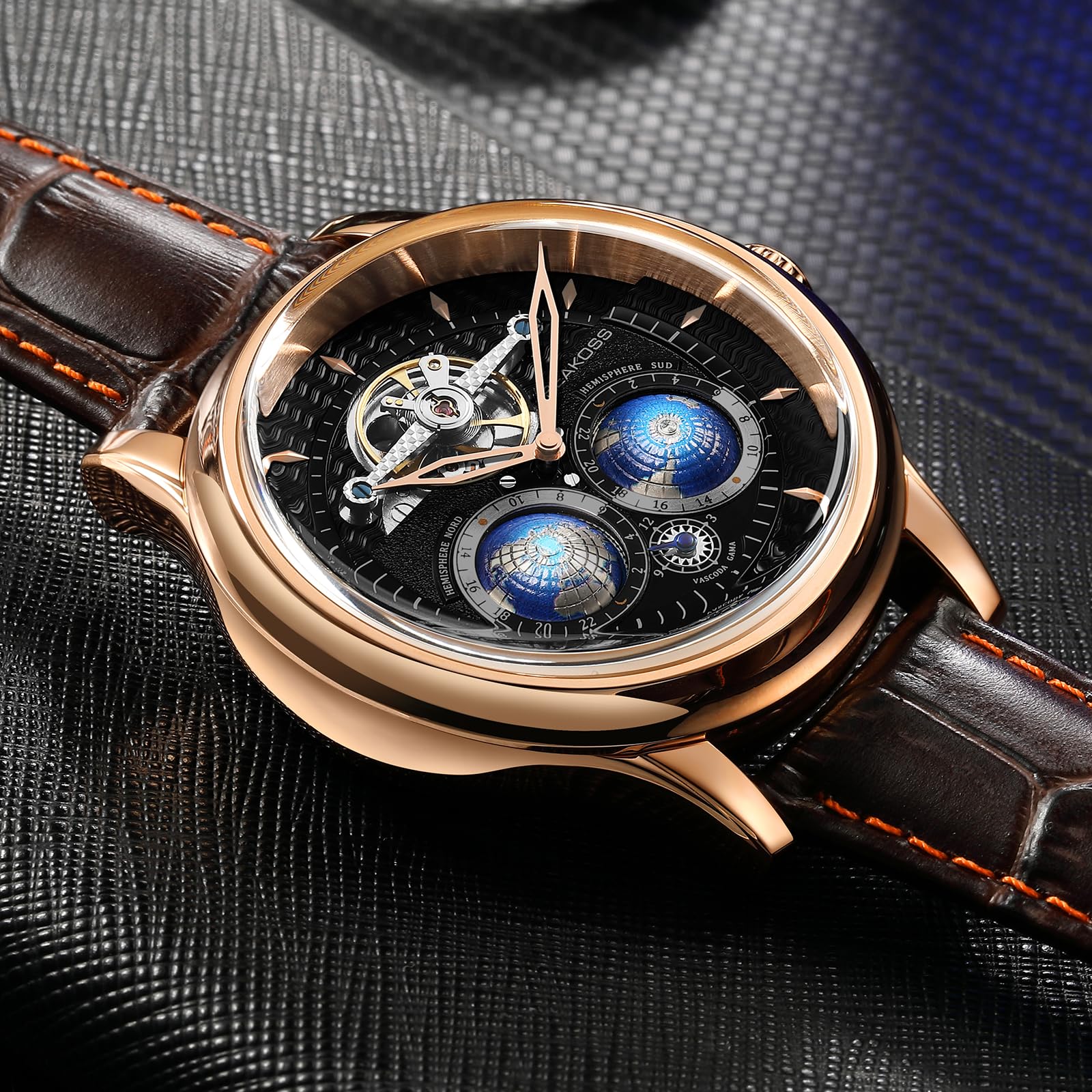 SEAKOSS Automatic Mechanical Watch for Men with 3D Double Globe Dial, Open Heart Movement, Stainless Steel Case & Leather Strap