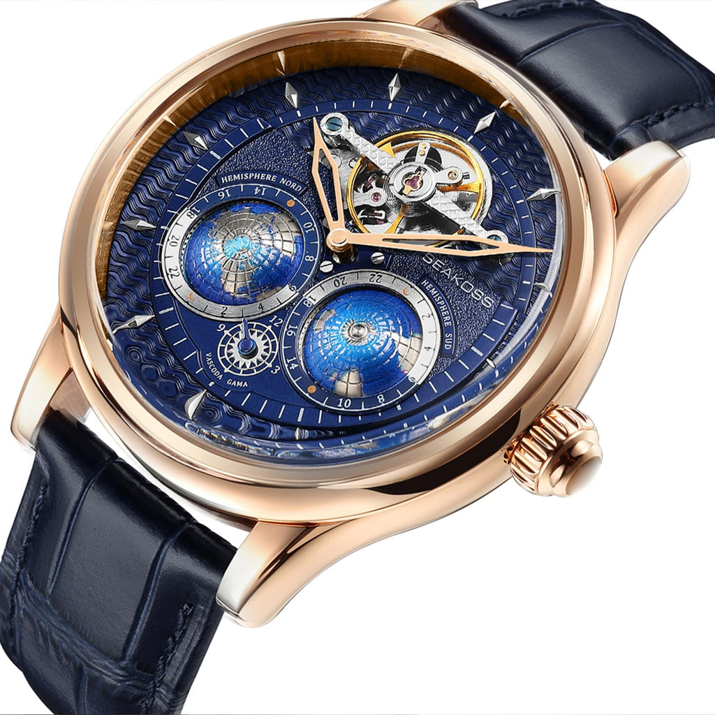 SEAKOSS Automatic Mechanical Wrist Watch for Men, 3D Earth Dial, Open Heart Movement, Stainless Steel & Leather Strap