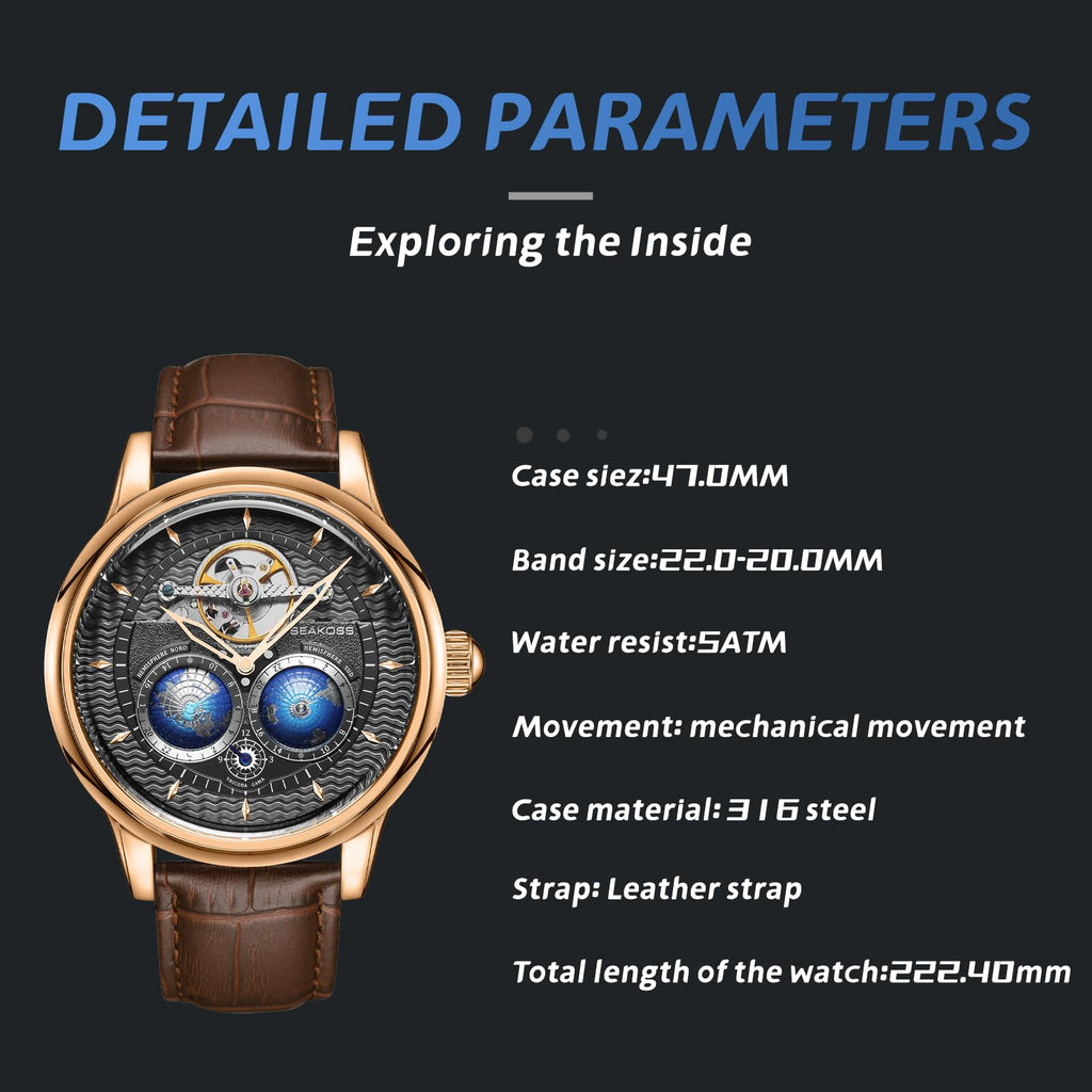 SEAKOSS Automatic Mechanical Watch for Men with 3D Double Globe Dial, Open Heart Movement, Stainless Steel Case & Leather Strap