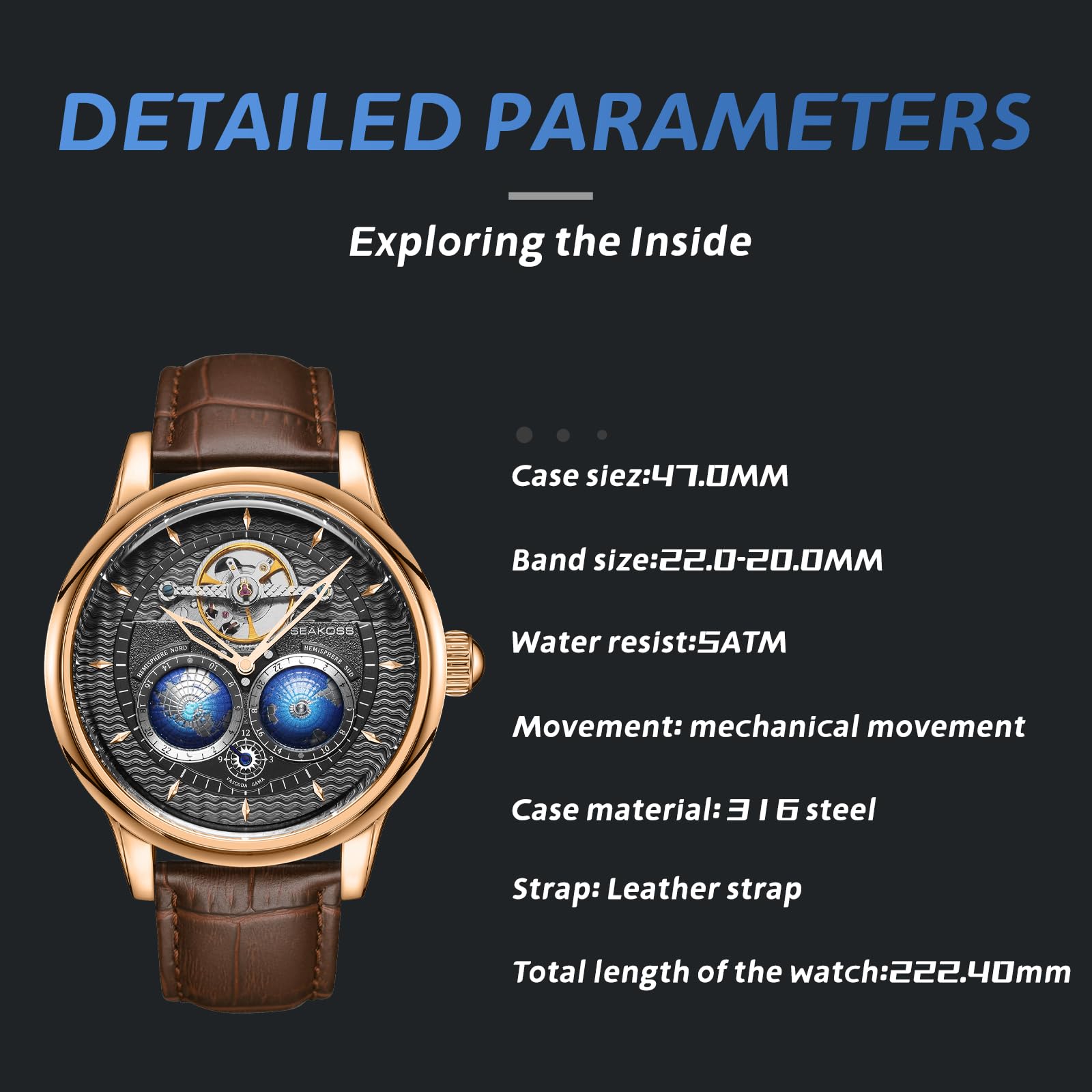 SEAKOSS Automatic Mechanical Watch for Men with 3D Double Globe Dial, Open Heart Movement, Stainless Steel Case & Leather Strap