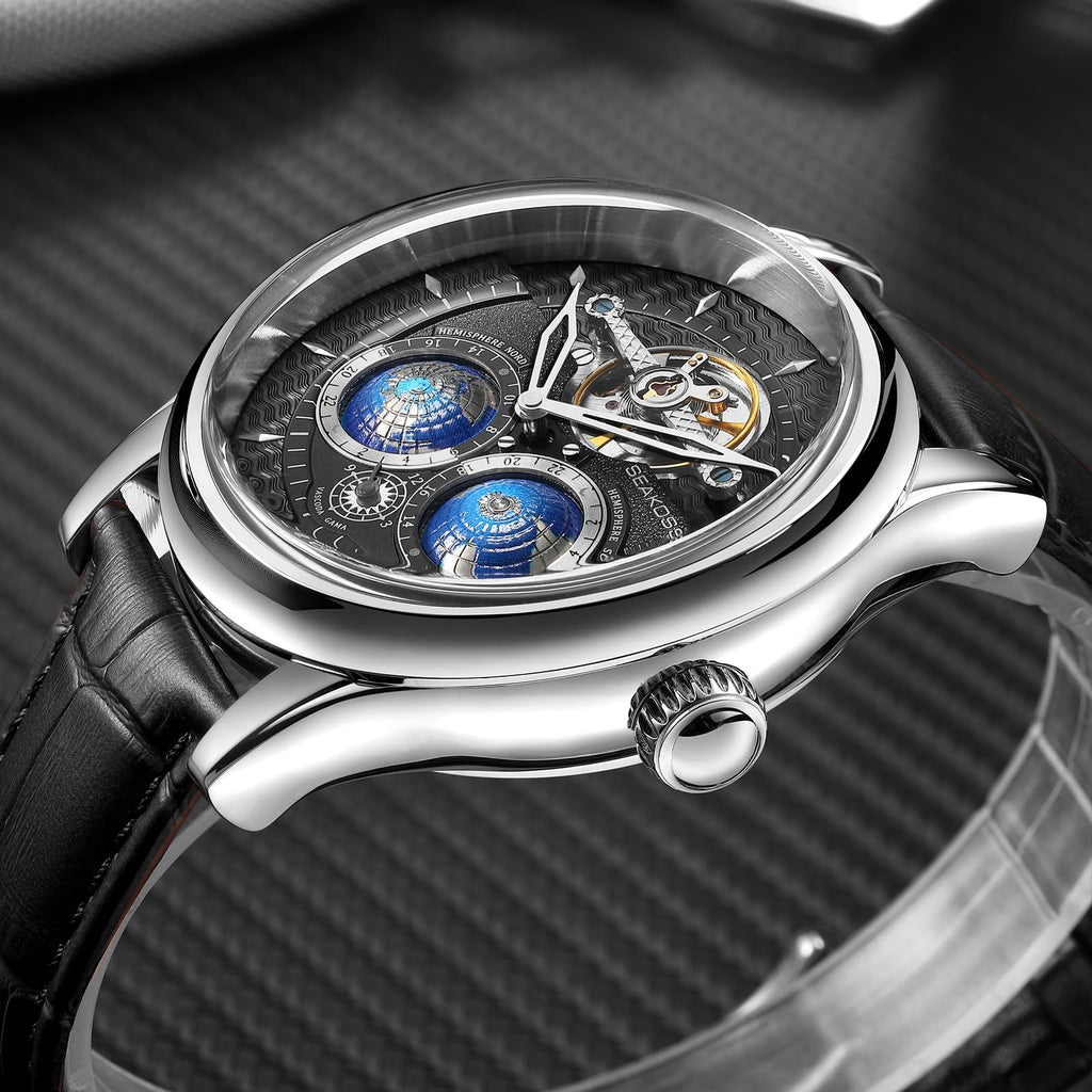 SEAKOSS Automatic Mechanical Wrist Watch for Men, 3D Earth Dial, Open Heart Movement, Stainless Steel & Leather Strap