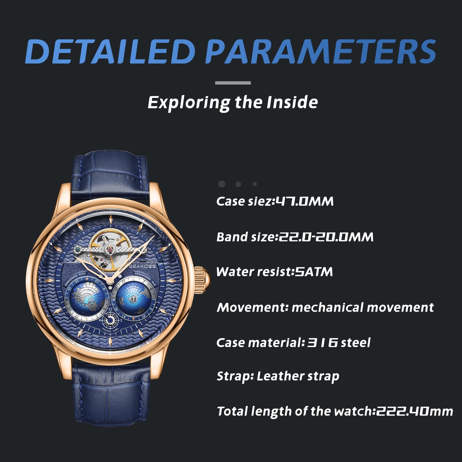 SEAKOSS Automatic Mechanical Wrist Watch for Men, 3D Earth Dial, Open Heart Movement, Stainless Steel & Leather Strap
