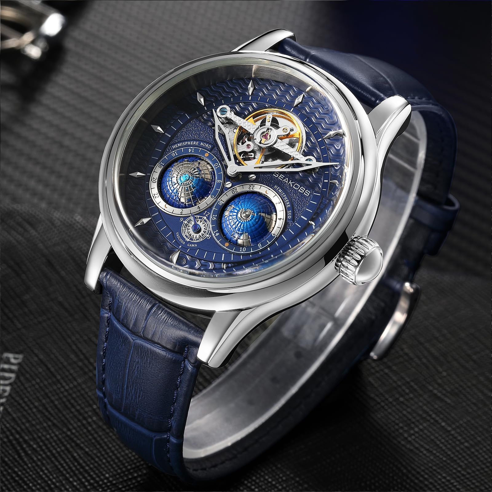 SEAKOSS Automatic Mechanical Wrist Watch for Men, 3D Earth Dial, Open Heart Movement, Stainless Steel & Leather Strap
