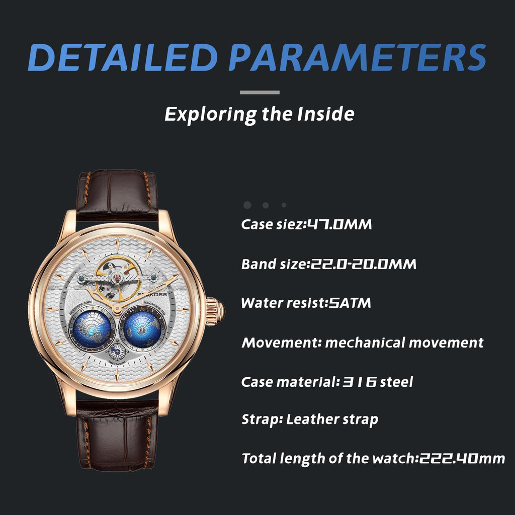 SEAKOSS Automatic Mechanical Wrist Watch for Men, 3D Earth Dial, Open Heart Movement, Stainless Steel & Leather Strap
