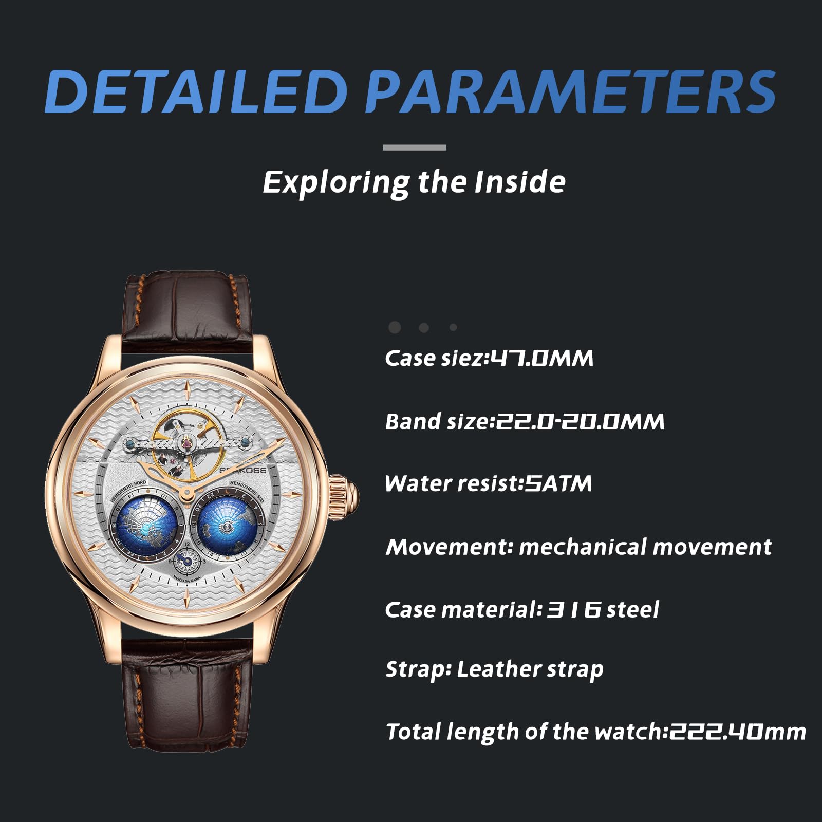 SEAKOSS Automatic Mechanical Wrist Watch for Men, 3D Earth Dial, Open Heart Movement, Stainless Steel & Leather Strap