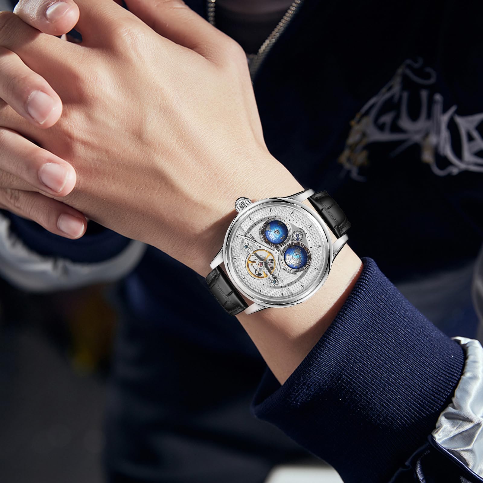 SEAKOSS Double Globe Automatic Watch for Men – Luxury Mechanical Wrist Watch with Open Heart & Leather Strap