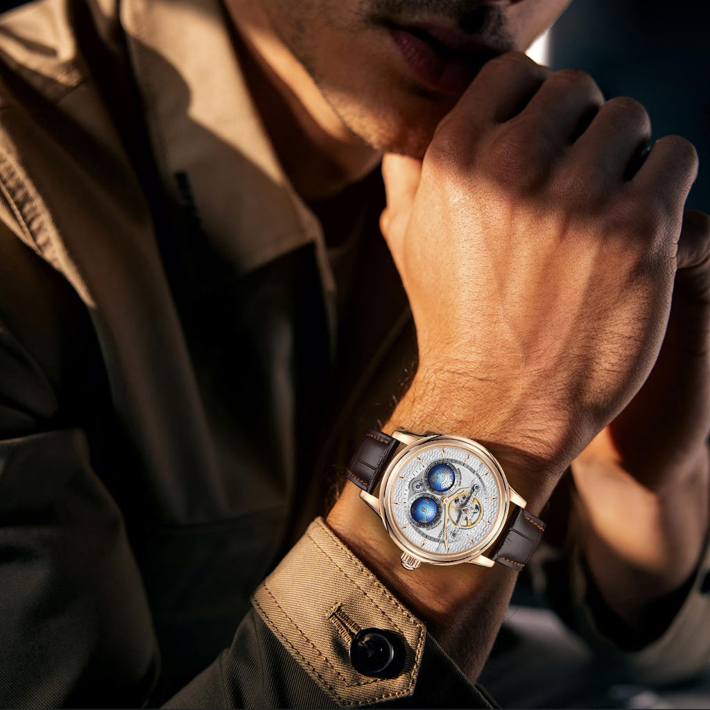 SEAKOSS Automatic Mechanical Wrist Watch for Men, 3D Earth Dial, Open Heart Movement, Stainless Steel & Leather Strap