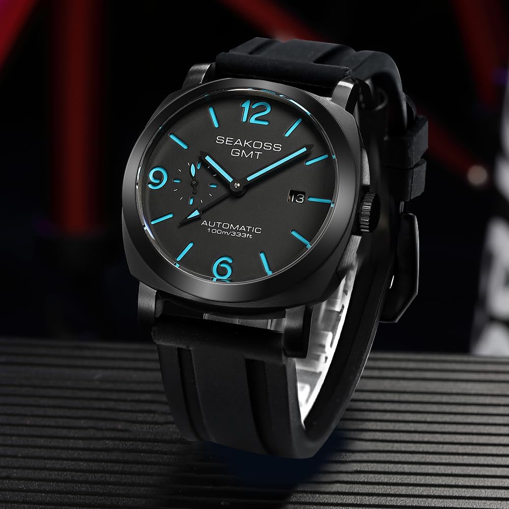 SEAKOSS GMT Automatic Watch for Men 45mm, Self Winding Mechanical Wrist Watch with Seagull ST2557 Movement, Sapphire Crystal, 10ATM Waterproof, Luminous Hands, Stainless Steel Date Watch