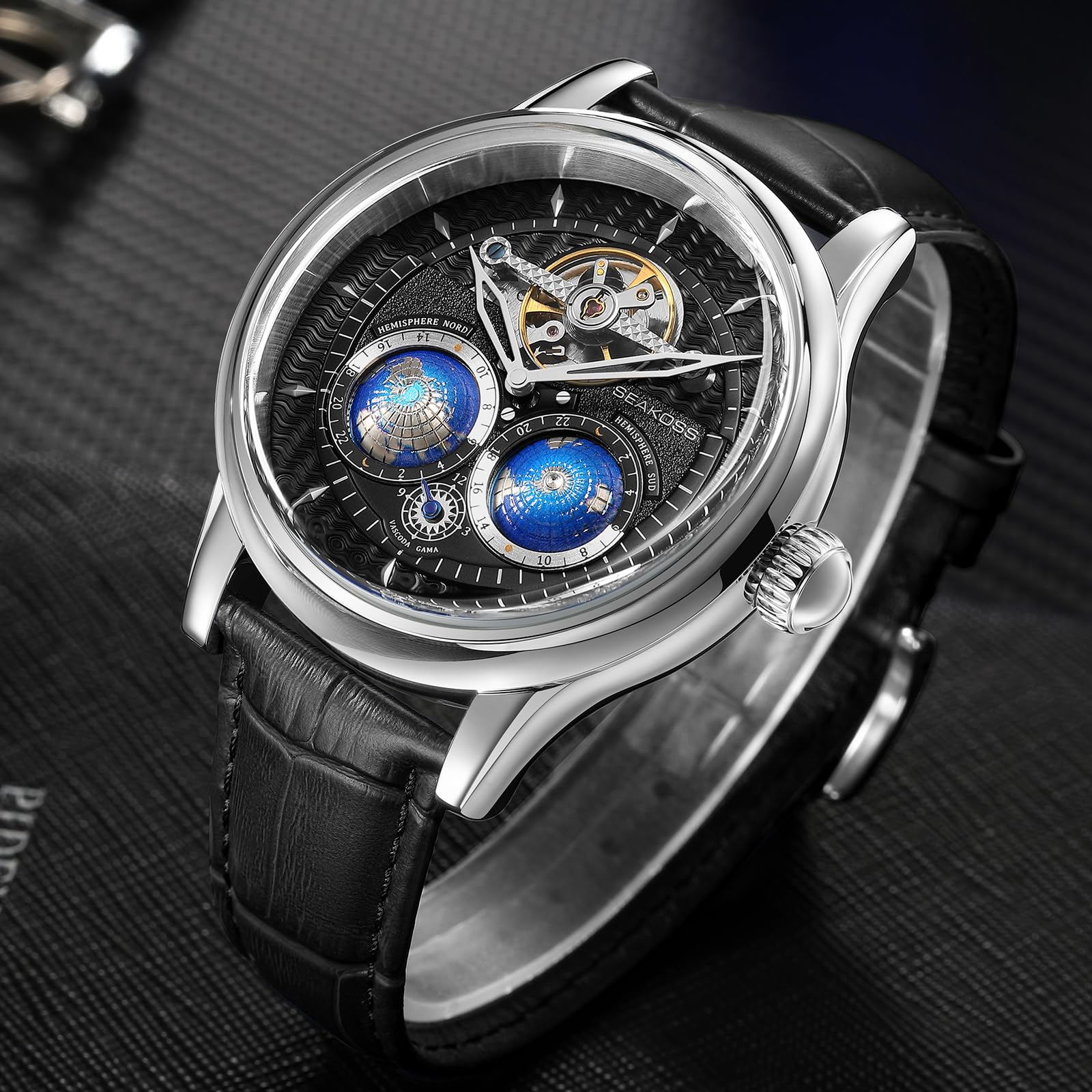 SEAKOSS Automatic Mechanical Wrist Watch for Men, 3D Earth Dial, Open Heart Movement, Stainless Steel & Leather Strap