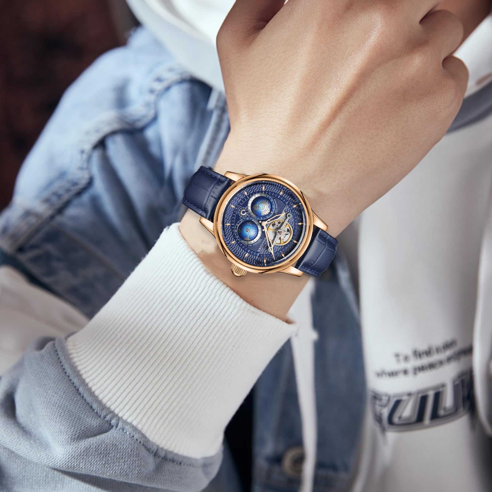 SEAKOSS Automatic Mechanical Wrist Watch for Men, 3D Earth Dial, Open Heart Movement, Stainless Steel & Leather Strap