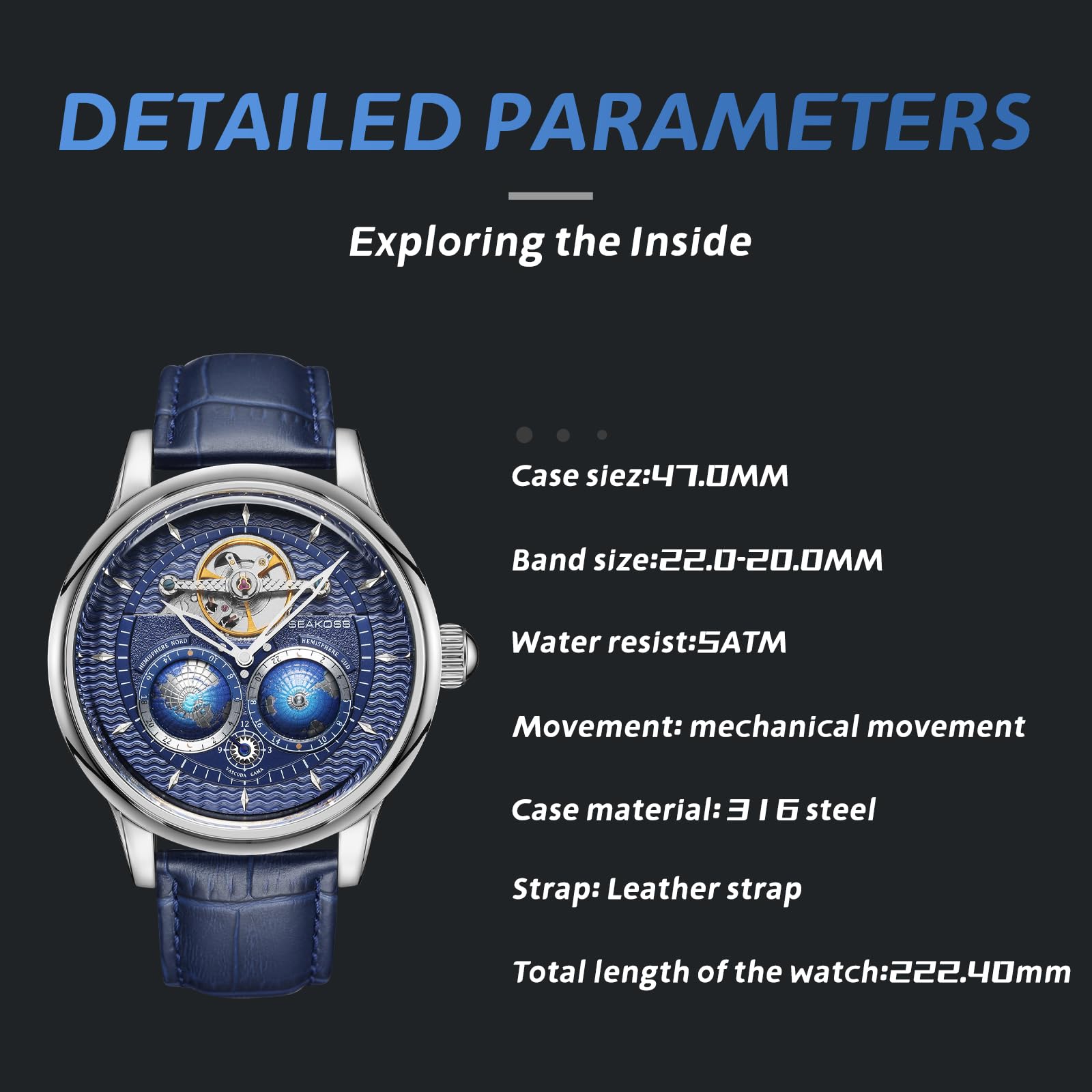 SEAKOSS Automatic Mechanical Wrist Watch for Men, 3D Earth Dial, Open Heart Movement, Stainless Steel & Leather Strap