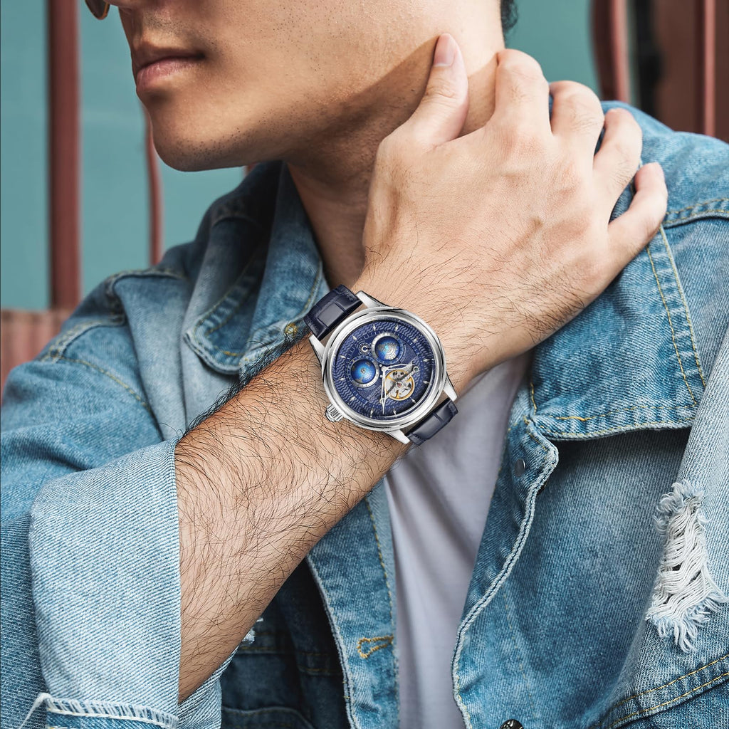 SEAKOSS Automatic Mechanical Wrist Watch for Men, 3D Earth Dial, Open Heart Movement, Stainless Steel & Leather Strap