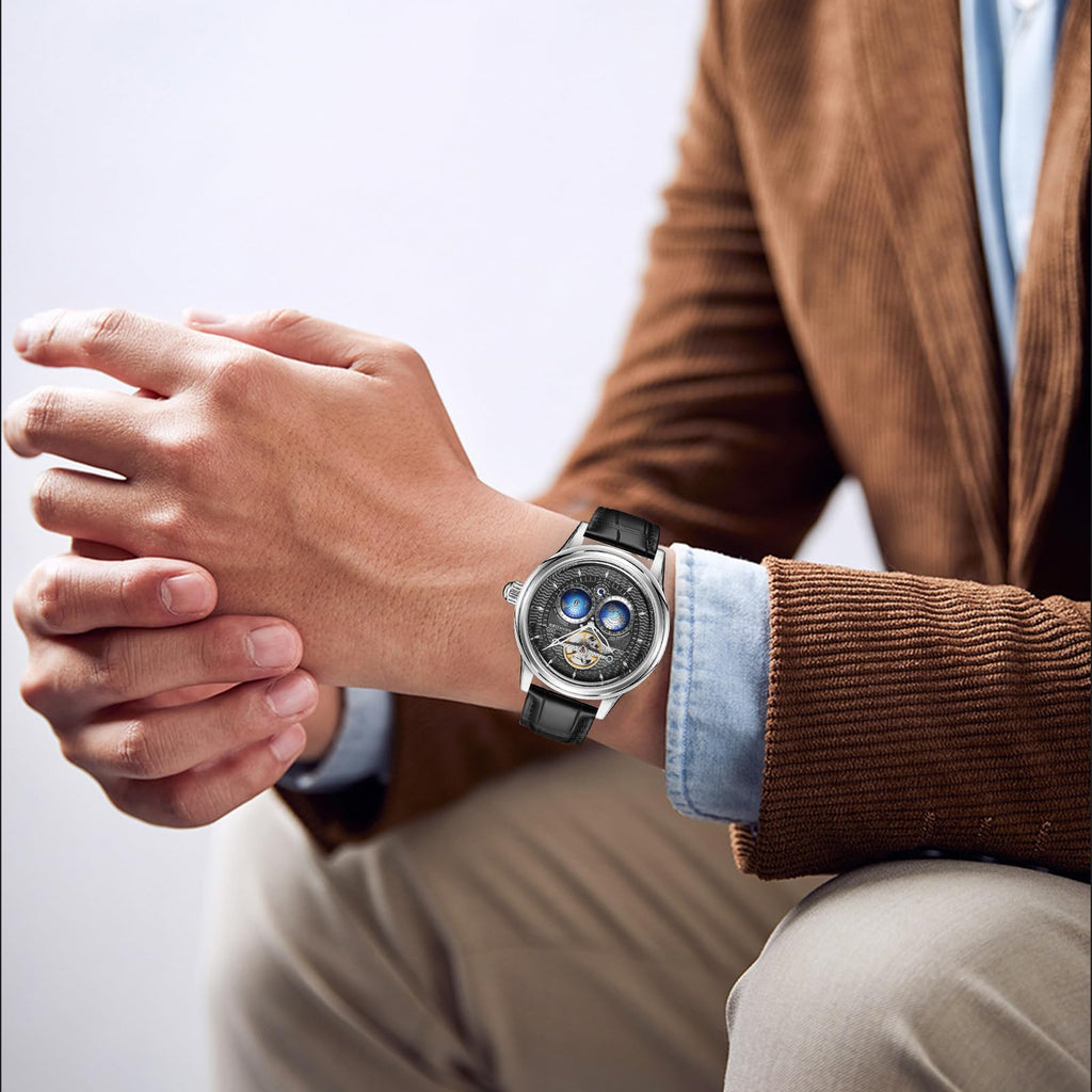 SEAKOSS Automatic Mechanical Wrist Watch for Men, 3D Earth Dial, Open Heart Movement, Stainless Steel & Leather Strap