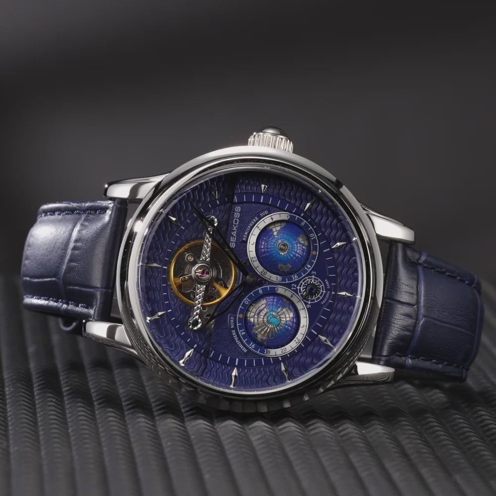 SEAKOSS Automatic Mechanical Wrist Watch for Men, 3D Earth Dial, Open Heart Movement, Stainless Steel & Leather Strap